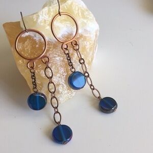 2/$29 Handmade Copper Hoop Chain & Blue Glass Geometric Earrings